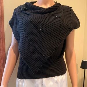 Vintage Organically Grown Black Ribbed Asymmetrical Knit Top Beaded Size L